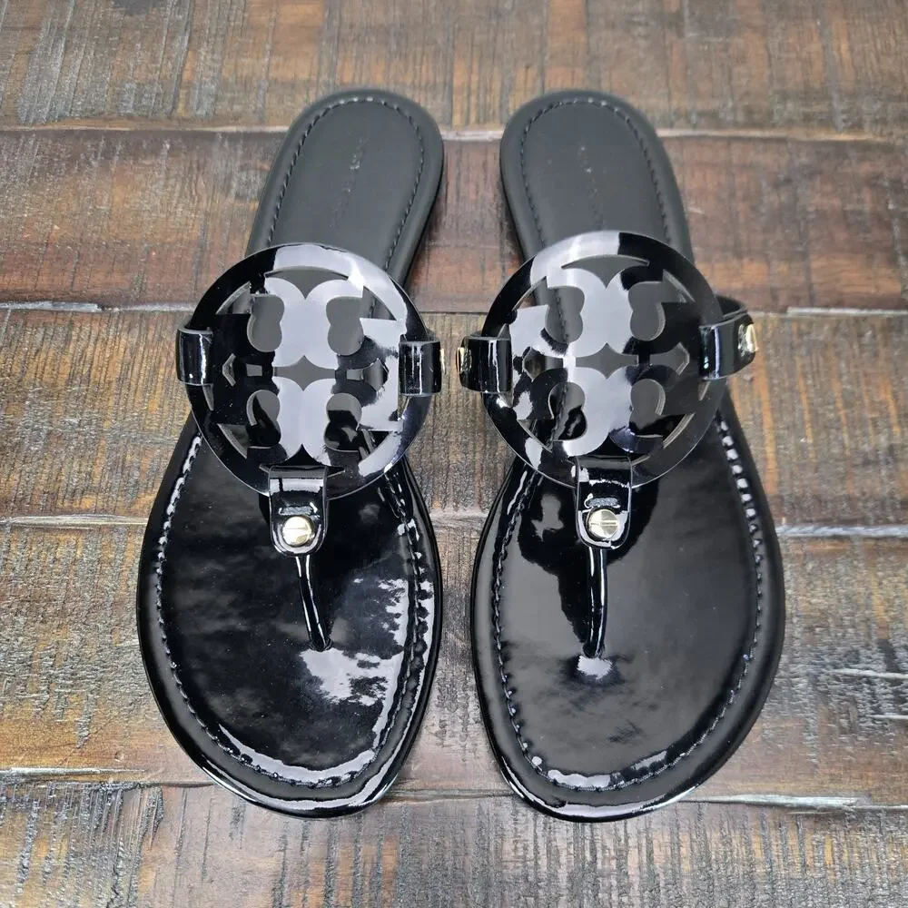 NEW Tory Burch Miller Patent Leather Womens Size 7 Logo Sandals Flip Flops Black